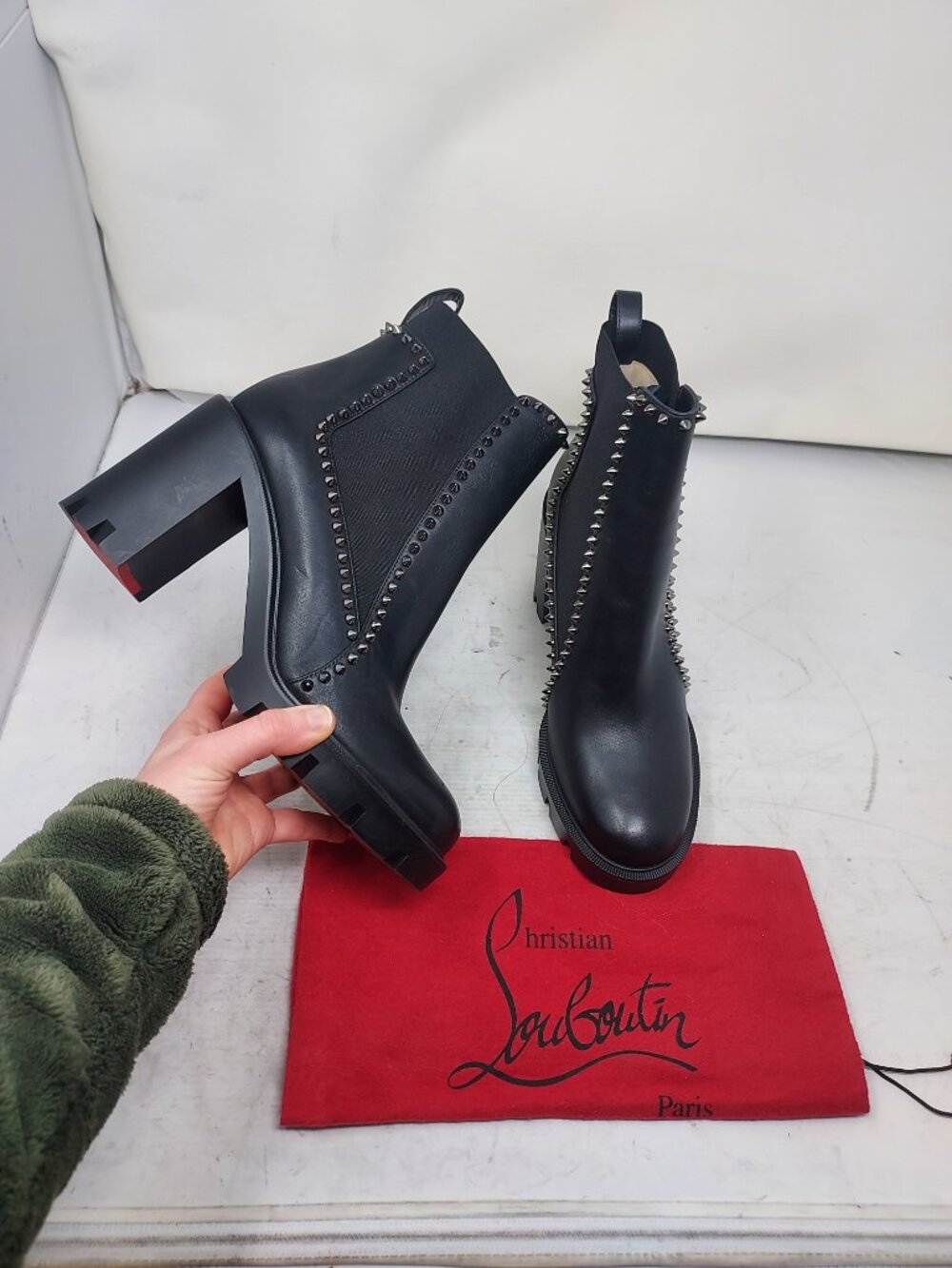 Christian Louboutin Black Out Line Stud Spike Lug Heel Leather Boot